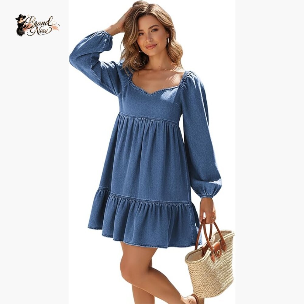 Denim Mini Dress with Sweetheart Neckline and Puff Sleeves